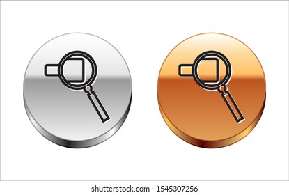 Black line Magnifying glass icon isolated on white background. Search, focus, zoom, business symbol. Silver-gold circle button. Vector Illustration