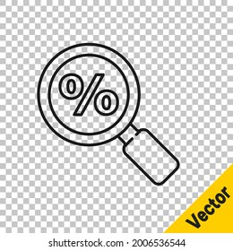 Black line Magnifying glass with percent icon isolated on transparent background. Discount offers searching. Search for discount sale sign.  Vector Illustration