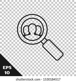 Black line Magnifying glass for search a people icon isolated on transparent background. Recruitment or selection concept. Search for employees and job.  Vector Illustration