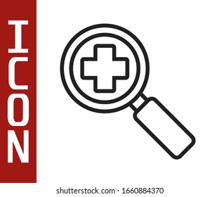 Black line Magnifying glass for search medical icon isolated on white background. Hospital search.  Vector Illustration
