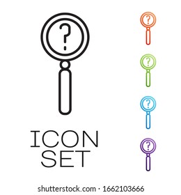 Black line Magnifying glass with search icon isolated on white background. Detective is investigating. Set icons colorful. Vector Illustration