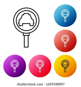 Black line Magnifying glass and taxi car icon isolated on white background. Taxi search. Set icons colorful circle buttons. Vector Illustration