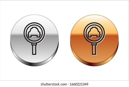 Black line Magnifying glass and taxi car icon isolated on white background. Taxi search. Silver-gold circle button. Vector Illustration
