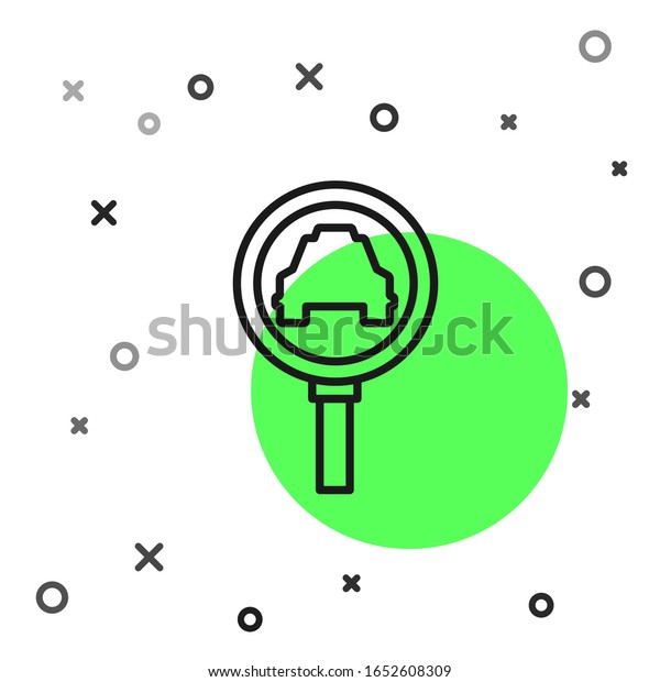 Black line\
Magnifying glass and taxi car icon isolated on white background.\
Taxi search.  Vector\
Illustration