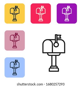 Black line Mail box icon isolated on white background. Mailbox icon. Mail postbox on pole with flag. Set icons in color square buttons. Vector Illustration