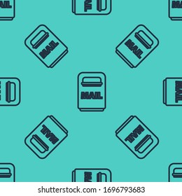 Black line Mail box icon isolated seamless pattern on green background. Mailbox icon. Mail postbox on pole with flag.  Vector Illustration