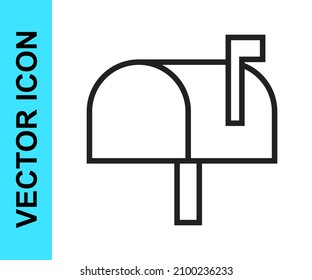 Black line Mail box icon isolated on white background. Mailbox icon. Mail postbox on pole with flag.  Vector