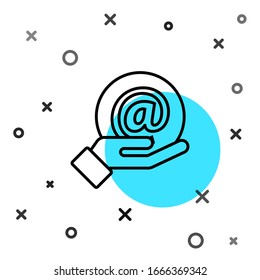 Black line Mail and e-mail in hand icon isolated on white background. Envelope symbol e-mail. Email message sign. Random dynamic shapes. Vector Illustration