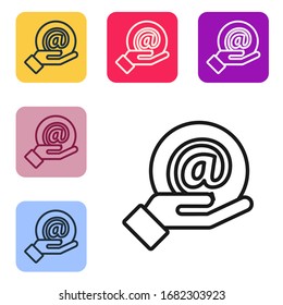 Black line Mail and e-mail in hand icon isolated on white background. Envelope symbol e-mail. Email message sign. Set icons in color square buttons. Vector Illustration