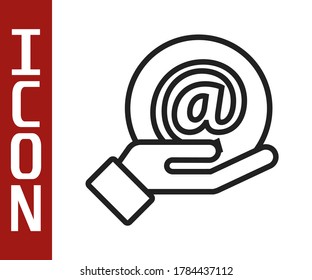 Black line Mail and e-mail in hand icon isolated on white background. Envelope symbol e-mail. Email message sign.  Vector Illustration
