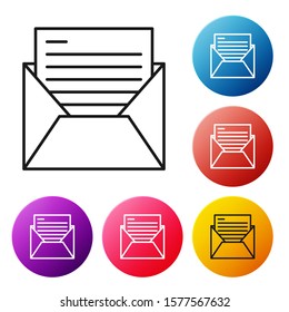 Black line Mail and e-mail icon isolated on white background. Envelope symbol e-mail. Email message sign. Set icons colorful circle buttons. Vector Illustration