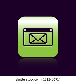 Black line Mail and e-mail icon isolated on black background. Envelope symbol e-mail. Email message sign. Green square button. Vector Illustration