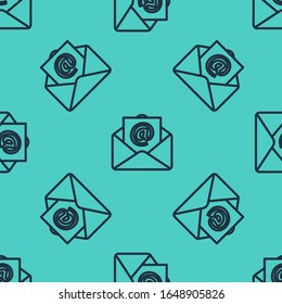 Black line Mail and e-mail icon isolated seamless pattern on green background. Envelope symbol e-mail. Email message sign.  Vector Illustration