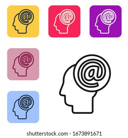 Icono de Correo y correo electrónico de línea negra aislado en fondo blanco. Símbolo de sobres e-mail. Signo de mensaje de correo electrónico. Establecer iconos en botones cuadrados de color.  Ilustración vectorial