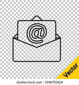 Black line Mail and e-mail icon isolated on transparent background. Envelope symbol e-mail. Email message sign.  Vector
