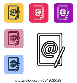 Schwarze Linie E-Mail und E-Mail Symbol einzeln auf weißem Hintergrund. E-Mail mit Symbolen umschließen. E-Mail-Nachrichtenzeichen. Die Symbole werden in den Tasten für das Farbquadrat eingestellt. Vektorgrafik