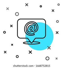 Icono de la línea negra Correo y correo electrónico sobre burbuja de voz aislado en fondo blanco. Símbolo de sobres e-mail. Signo de mensaje de correo electrónico. Formas dinámicas aleatorias. Ilustración vectorial