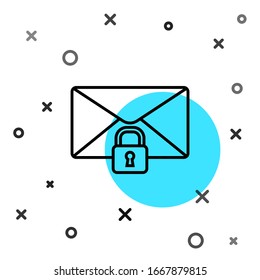 Passwort-Symbol für die Sperrung der schwarzen E-Mail-Nachricht einzeln auf weißem Hintergrund. Umschlag mit Vorhängeschloss. Privat, Sicherheit, Sicherheit, Schutz, Privatsphäre. Zufällige dynamische Formen. Vektorillustration-Illustration
