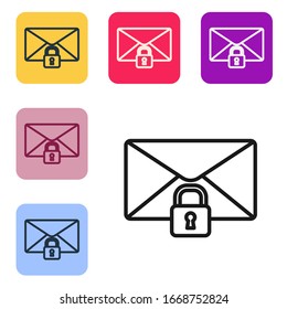 Black line Mail message lock password icon isolated on white background. Envelope with padlock. Private, security, secure, protection, privacy. Set icons in color square buttons. Vector Illustration