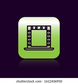 Black line Makeup mirror with lights icon isolated on black background. Green square button. Vector Illustration