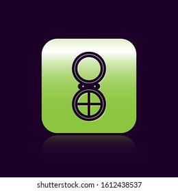 Black line Makeup powder with mirror icon isolated on black background. Green square button. Vector Illustration