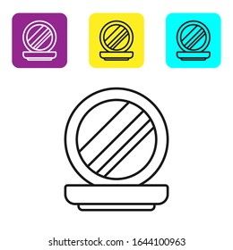 Black line Makeup powder with mirror icon isolated on white background. Set icons colorful square buttons. Vector Illustration