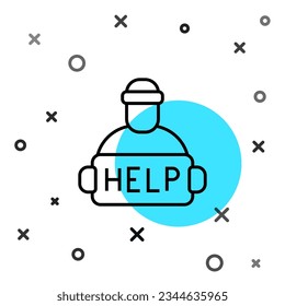 Black line Man with cardboard on the city street is asking for help icon isolated on white background. Poor homeless beggar. Homelessness problem. Random dynamic shapes. Vector