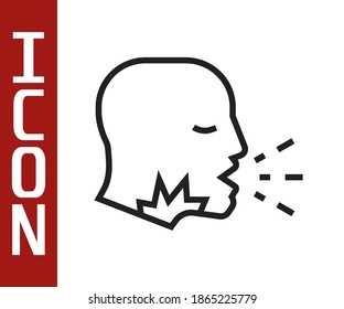 Black line Man coughing icon isolated on white background. Viral infection, influenza, flu, cold symptom. Tuberculosis, mumps, whooping cough.  Vector.