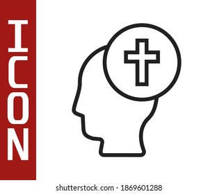 Black line Man graves funeral sorrow icon isolated on white background. The emotion of grief, sadness, sorrow, death.  Vector