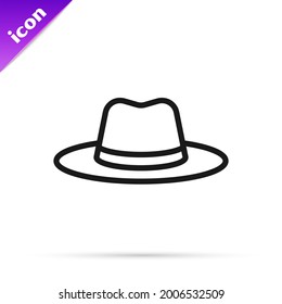 Black line Man hat with ribbon icon isolated on white background.  Vector