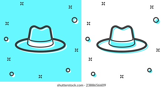Sombrero de hombre de línea negra con icono de cinta aislado sobre fondo verde y blanco. Formas dinámicas aleatorias. Vector