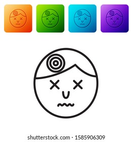 Black line Man having headache, migraine icon isolated on white background. Set icons in color square buttons. Vector Illustration