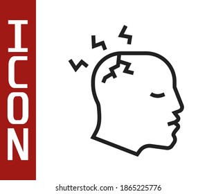 Black line Man having headache, migraine icon isolated on white background.  Vector