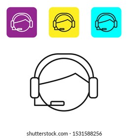 Black line Man with a headset icon isolated on white background. Support operator in touch. Concept for call center, client support service. Set icons colorful square buttons. Vector Illustration