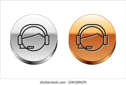 Black line Man with a headset icon isolated on white background. Support operator in touch. Concept for call center, client support service. Silver-gold circle button. Vector Illustration
