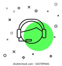 Hombre de línea negra con un icono de auriculares aislado en fondo blanco. Operador de asistencia en contacto. Concepto de centro de llamadas, servicio de soporte al cliente. Ilustración vectorial