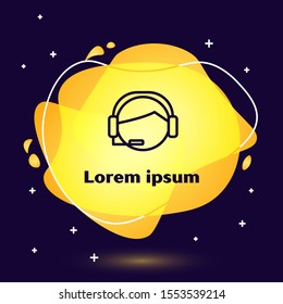 Black line Man with a headset icon isolated on blue background. Support operator in touch. Concept for call center, client support service. Abstract banner with liquid shapes. Vector Illustration