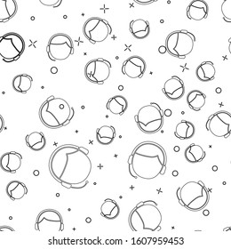 Black line Man with a headset icon isolated seamless pattern on white background. Support operator in touch. Concept for call center, client support service.  Vector Illustration