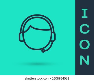 Black line Man with a headset icon isolated on green background. Support operator in touch. Concept for call center client support service.  Vector Illustration