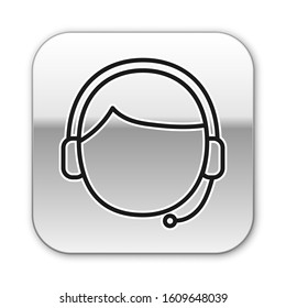 Black line Man with a headset icon isolated on white background. Support operator in touch. Concept for call center, client support service. Silver square button. Vector Illustration