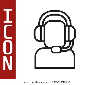 Black line Man with a headset icon isolated on white background. Support operator in touch. Concept for call center, client support service.  Vector