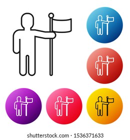 Black line Man holding flag icon isolated on white background. Set icons colorful circle buttons. Vector Illustration