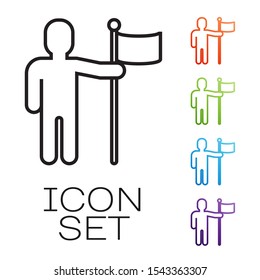 Black line Man holding flag icon isolated on white background. Set icons colorful. Vector Illustration