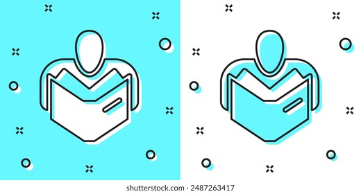 Black line Man reading book icon isolated on green and white background. Random dynamic shapes. Vector