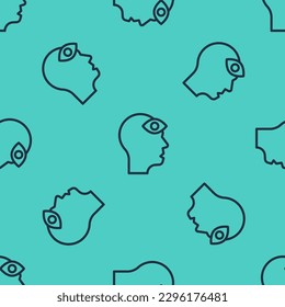 Black line Man with third eye icon isolated seamless pattern on green background. The concept of meditation, vision of energy, aura.  Vector