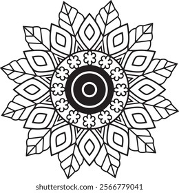  black line mandala design with swirling vines and leaves on a white background