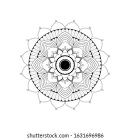Black line mandala design with symmetric geometry. Detailed mysterious repeated pattern on white background. Peaceful meditation, wall picture, coloring book, home decor, graphic material, fabric, tattoo.