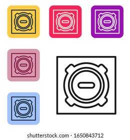 Black line Manhole sewer cover icon isolated on white background. Set icons in color square buttons. Vector Illustration