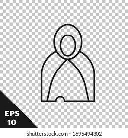 Black line Mantle, cloak, cape icon isolated on transparent background. Magic cloak of mage, wizard and witch for halloween design.  Vector Illustration