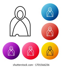Black line Mantle, cloak, cape icon isolated on white background. Magic cloak of mage, wizard and witch for halloween design. Set icons colorful circle buttons. Vector Illustration